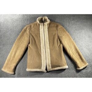 Faux‎ Suede Shearling Jacket Women Tan Faux Fur Trim Zip Up Coat